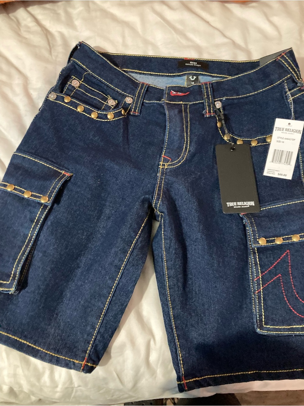 True Religion Dark Blue Denim Cargo Shorts with Stud Accents